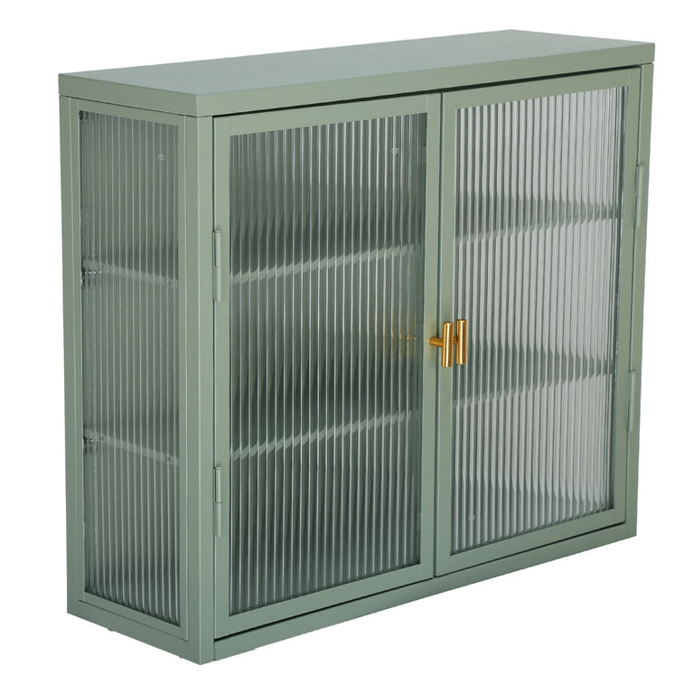 Retro Style Haze Double Glass Door Wall Cabinet With Detachable Shelves For Office Dining Room Living Kitchen And Bathroom Mint Green Com