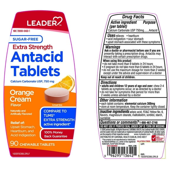 Leader Extra Strength Antacid Tablets, Orange Cream Flavored, 90 Chewable Tablets