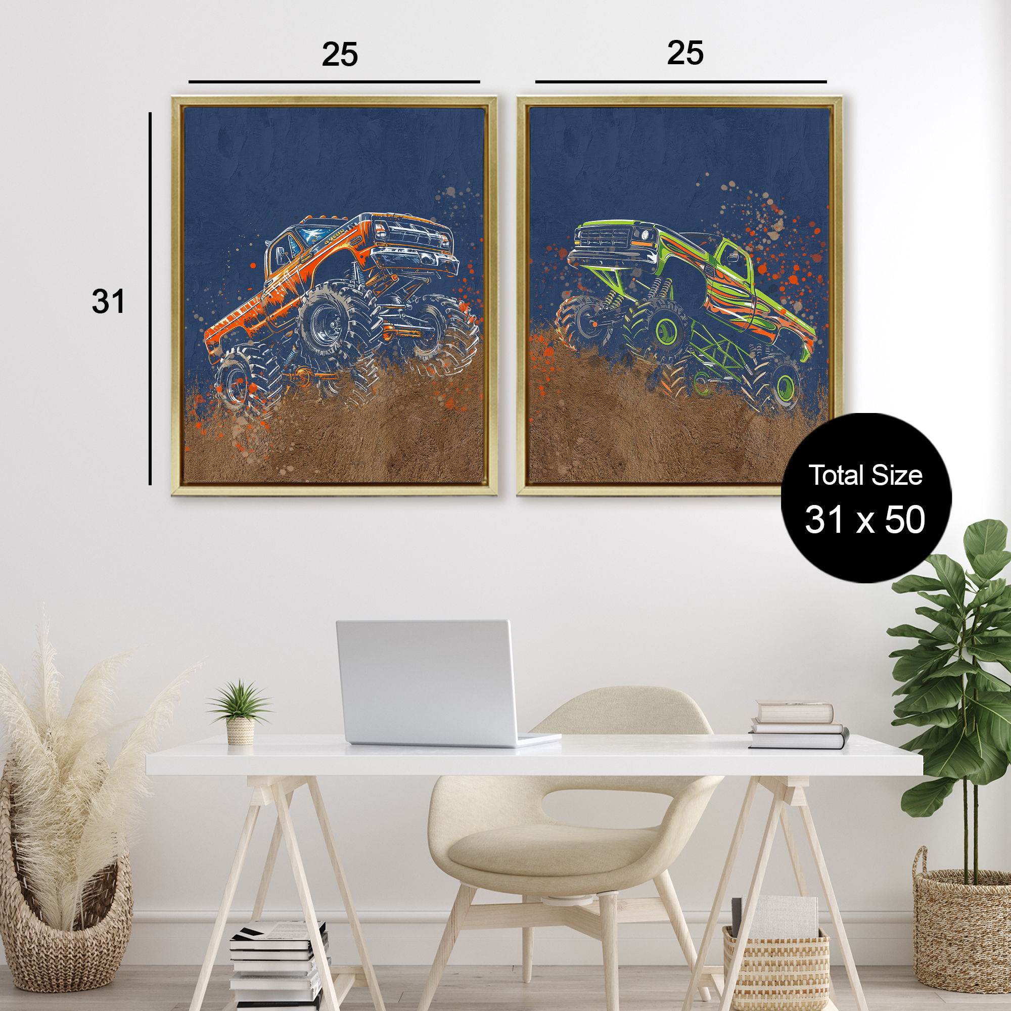 Monster Truck Jam 2 Piece Gold Framed Floater Canvas Set, design by Kim Allen