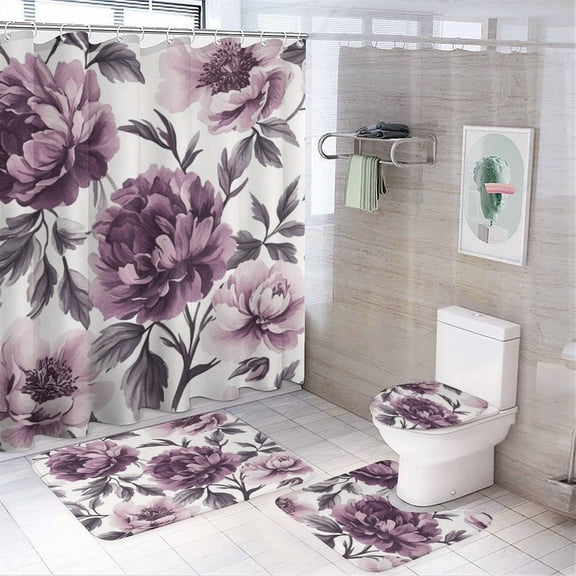 Shower Curtain Sets 4 Piece Vintage Peonies Purple Shower Curtain And Rugs Shower Curtain Set Summer Flower Bathroom Decor Set with Accessories for Bathroom Decor 72inch X 72inch