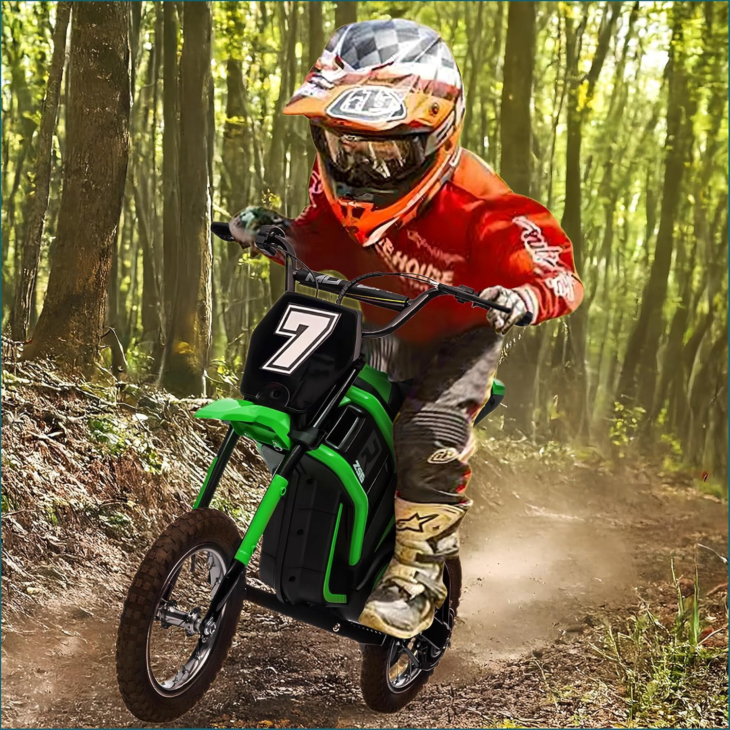 Acekid Electric Motorcycle Rear Suspension Electric Dirt Bike for Ages 3-10 350W Up to 14.29MPH 2-Speed Modes Green