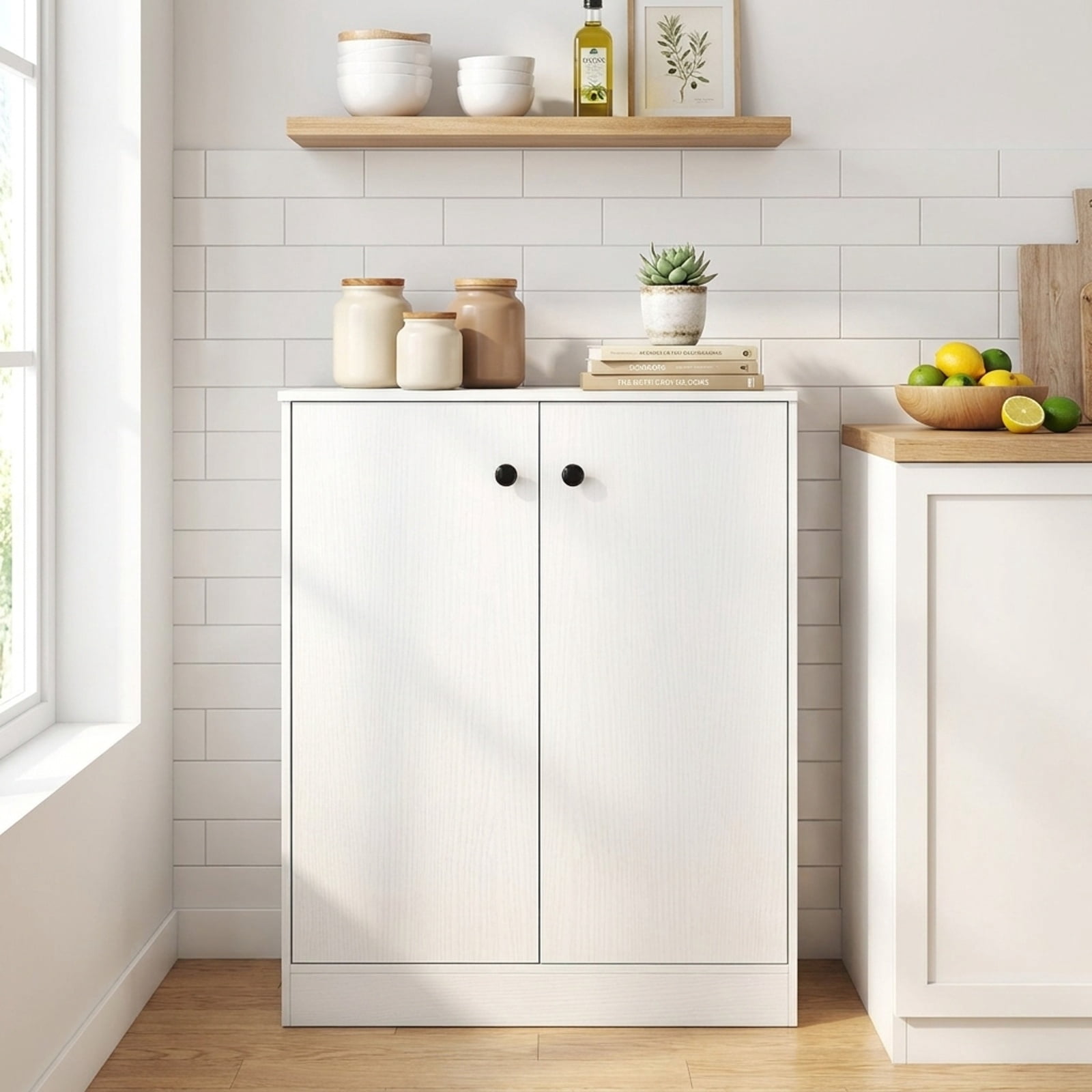 Furnibear 2 Door Accent Storage Cabinet with 3 Tier Shelf and Countertop Buffet Sideboard for Living Room Entryway and Kitchen, White