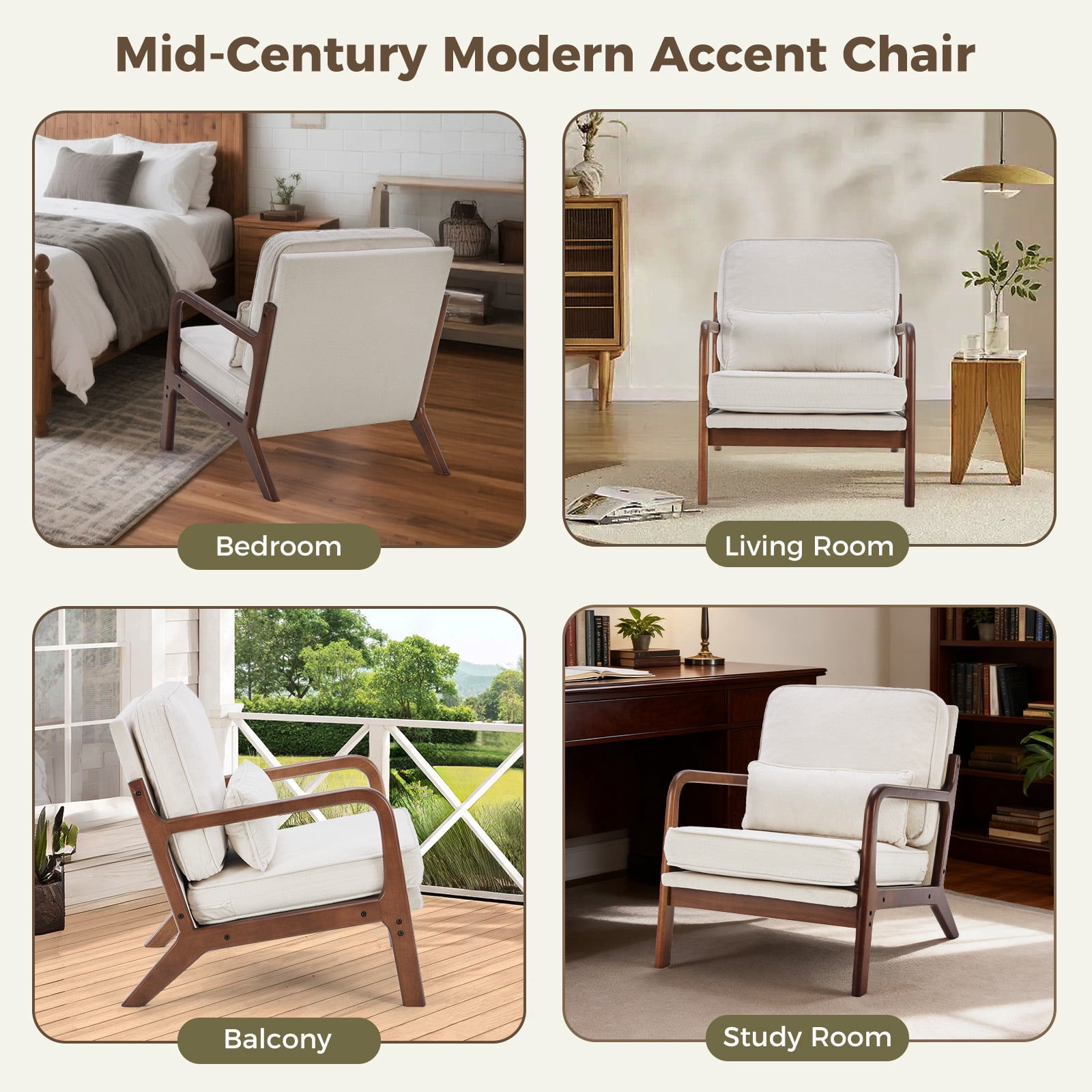 GIANNA Modern Accent Lounge Chair with Armrests and Cushion, Wooden Frame Reading Chair for Living Room or Bedroom, Beige