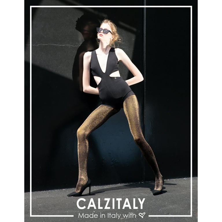 CALZITALY - Opaque Lurex Sparky Tights – Gold and Silver Glitter Pantyhose  for Women – 60 DEN (Size: L/XL, Color: Black/Gold) 