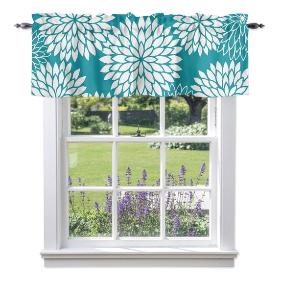 Minimalist Floral Valances for Windows, Bohemian Teal White Chrysanthemum Valance Window Treatment Rod Pocket Short Curtains Valances for Kitchen Bathroom 42"W x 12"L