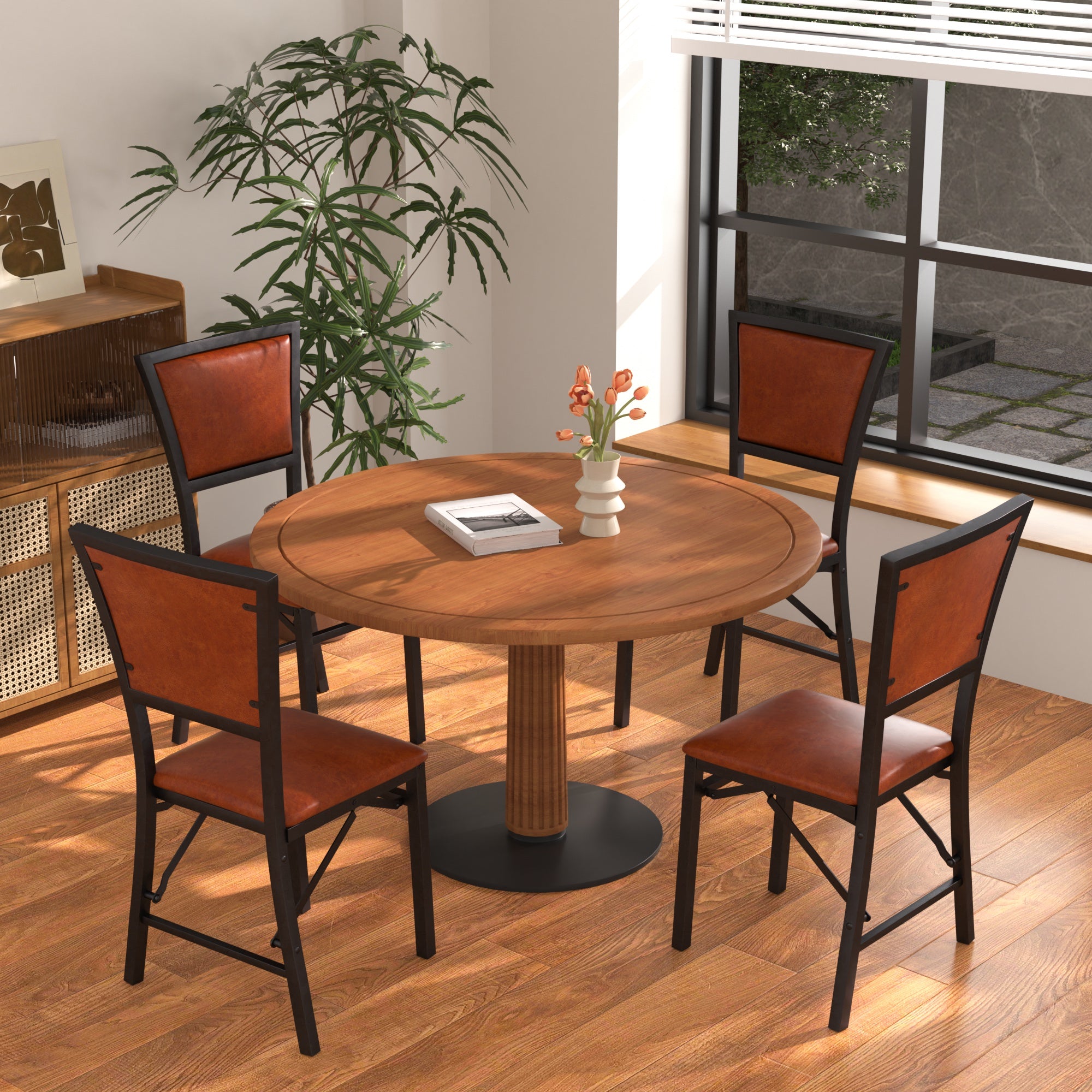 VECELO Set of 6 Metal Folding Chairs, High Back PU Upholstered Dining Chairs with Metal Frame, Modern Style Folding Chairs for Kitchen, Dining Room, Space Saving Design, Brown