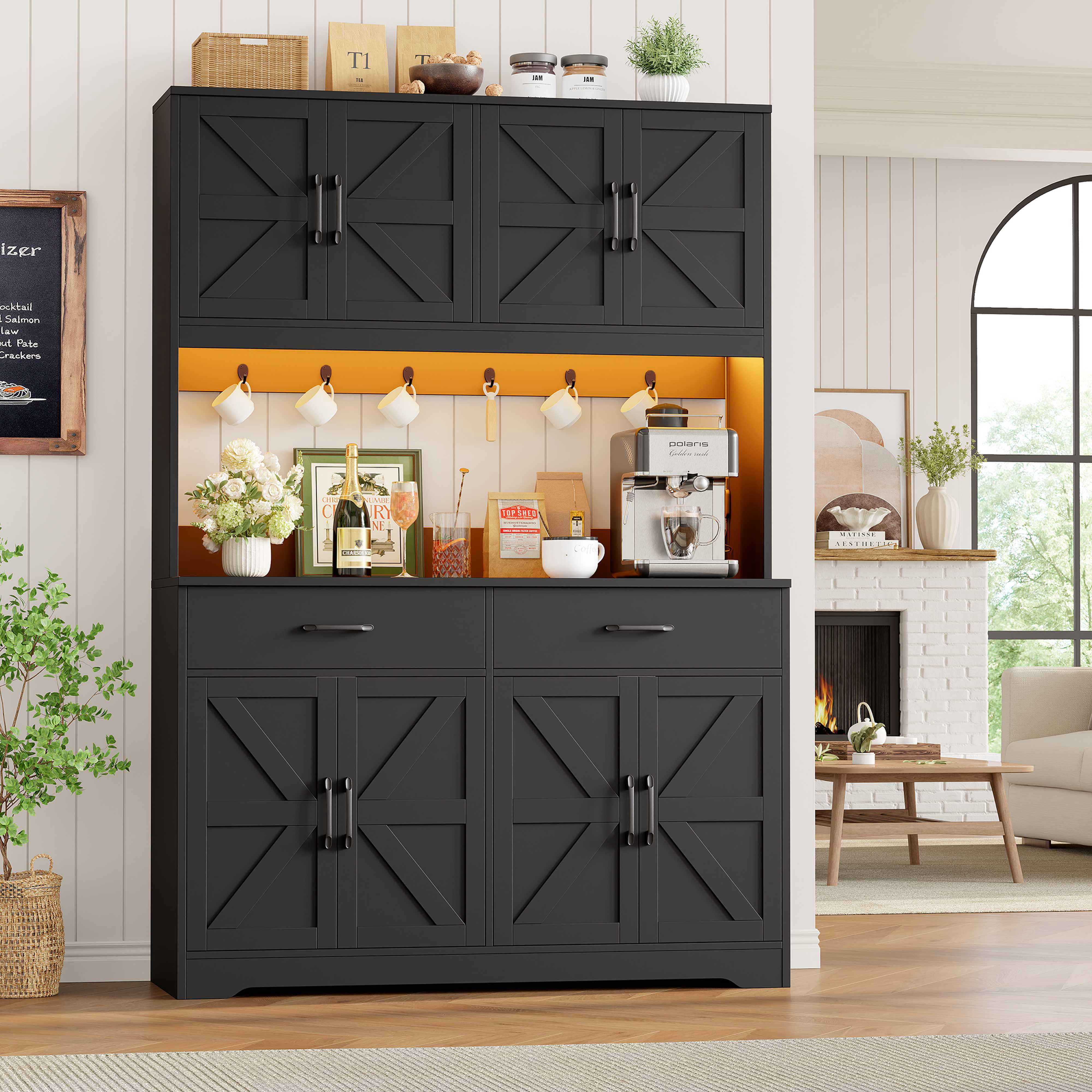 Hiphuta 71" Tall Kitchen Pantry Storage Cabinet with RGB LED and 6 Metal Hooks, Farmhouse Coffee Bar Cabinet with Charging Station, Buffet with Hutch and Microwave Stand, Black