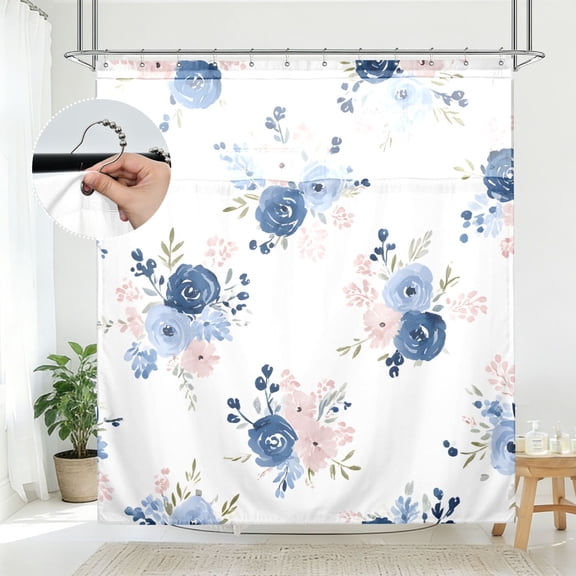 BZSMCE Watercolor Blue Floral Pattern Pattern Bathroom Shower Curtain Set with Hooks Waterproof Double Layer Fabric 72×78 Inch