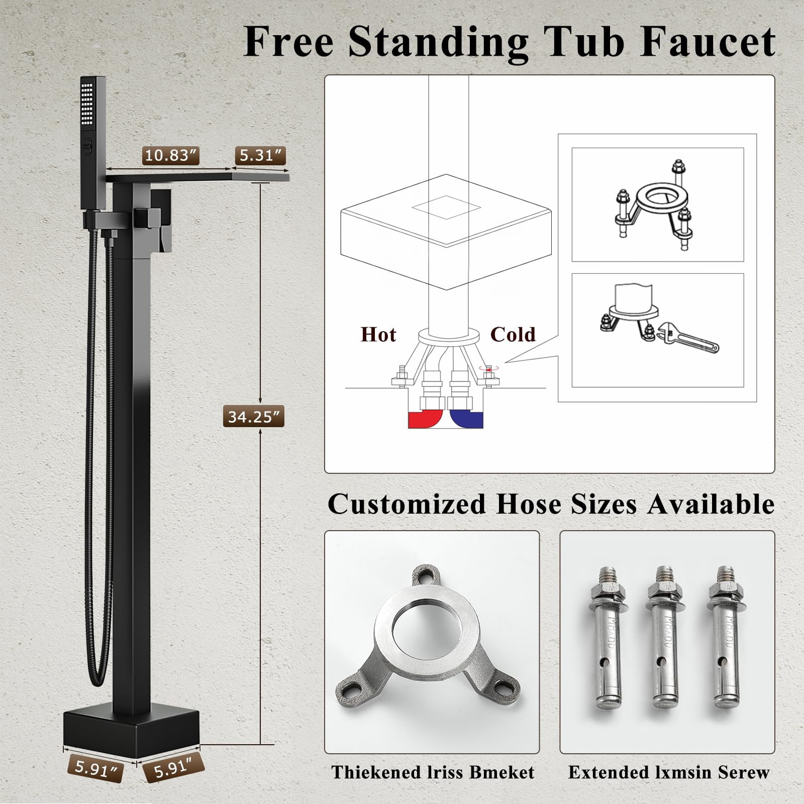 Freestanding Bathtub Faucet Matte Black Floor Mount Tub Filler With Handheld Sprayer