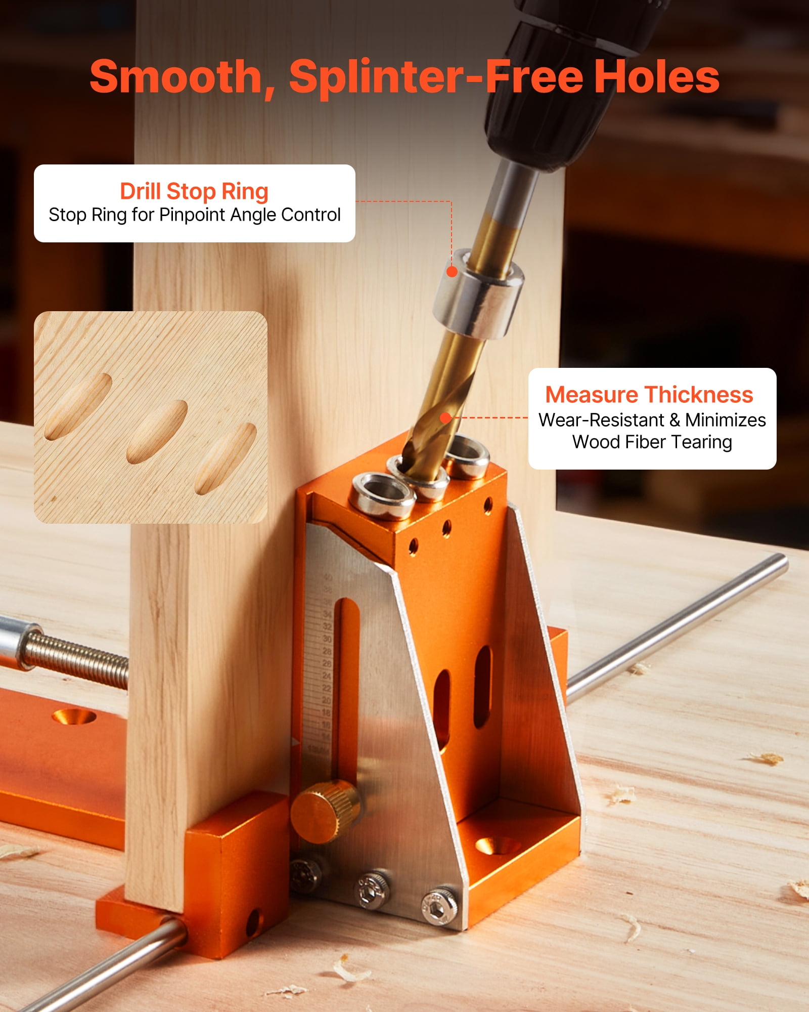 VEVOR Pocket Hole Jig Kit, 1/2 to 1-1/2 in Adjustable,Jig Pocket Hole System with Toolcase, C-Clamp, Step Drill, Hex Wrench, Drill Stop Ring, Square Drive Bit, Reinforced Metal Frame, for Woodworking