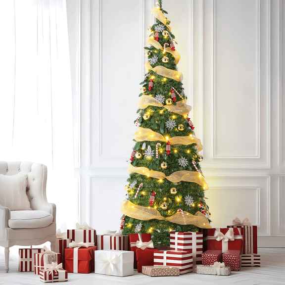 LAZY BUDDY 7FT Pre-Decorated Pop Up Christmas Tree, Pre-lit Collapsible Christmas Tree with 150 Warm White & Colored Lights, Ribbon, Candy, Ball for Holiday Decor