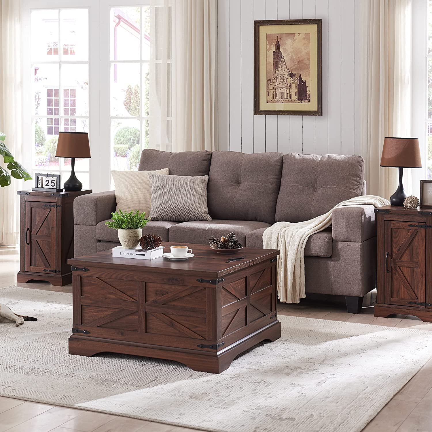 T4TREAM Farmhouse Nightstand with Charging Station, Wood End Table for Living Room, Brown