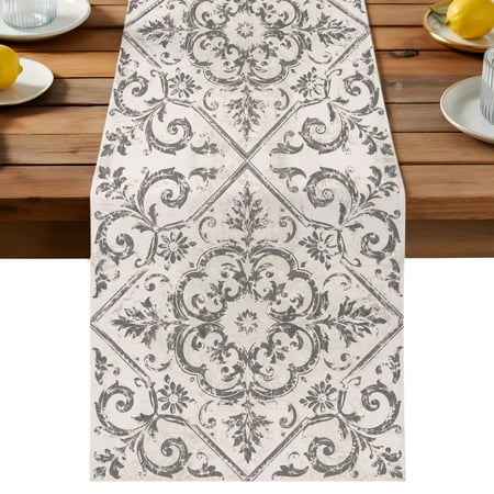 Vintage Floral Table Runner Classical Beige Grey Damask Distressed Pattern Cotton Linen Table Cloth Tablerunner for Kitchen Dining Party Wedding Home Decor 13x48 Inch
