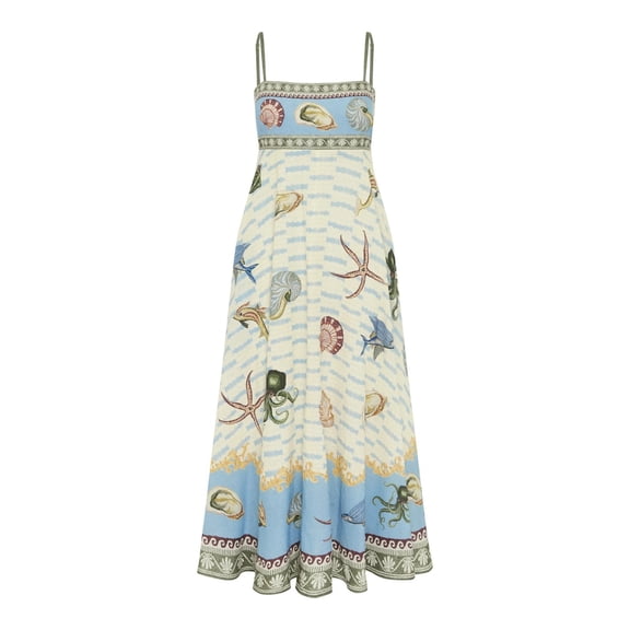Women Coastal Print Maxi Dress Spaghetti Strap High Waist Flowy Linen Look Sundress