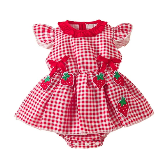Sopiago Baby Girl Strawberry Outfits Flutter Sleeve Bow Smocked Baby Girl Romper Dress Baby Gingham Summer Clothes Red,3-6 Months