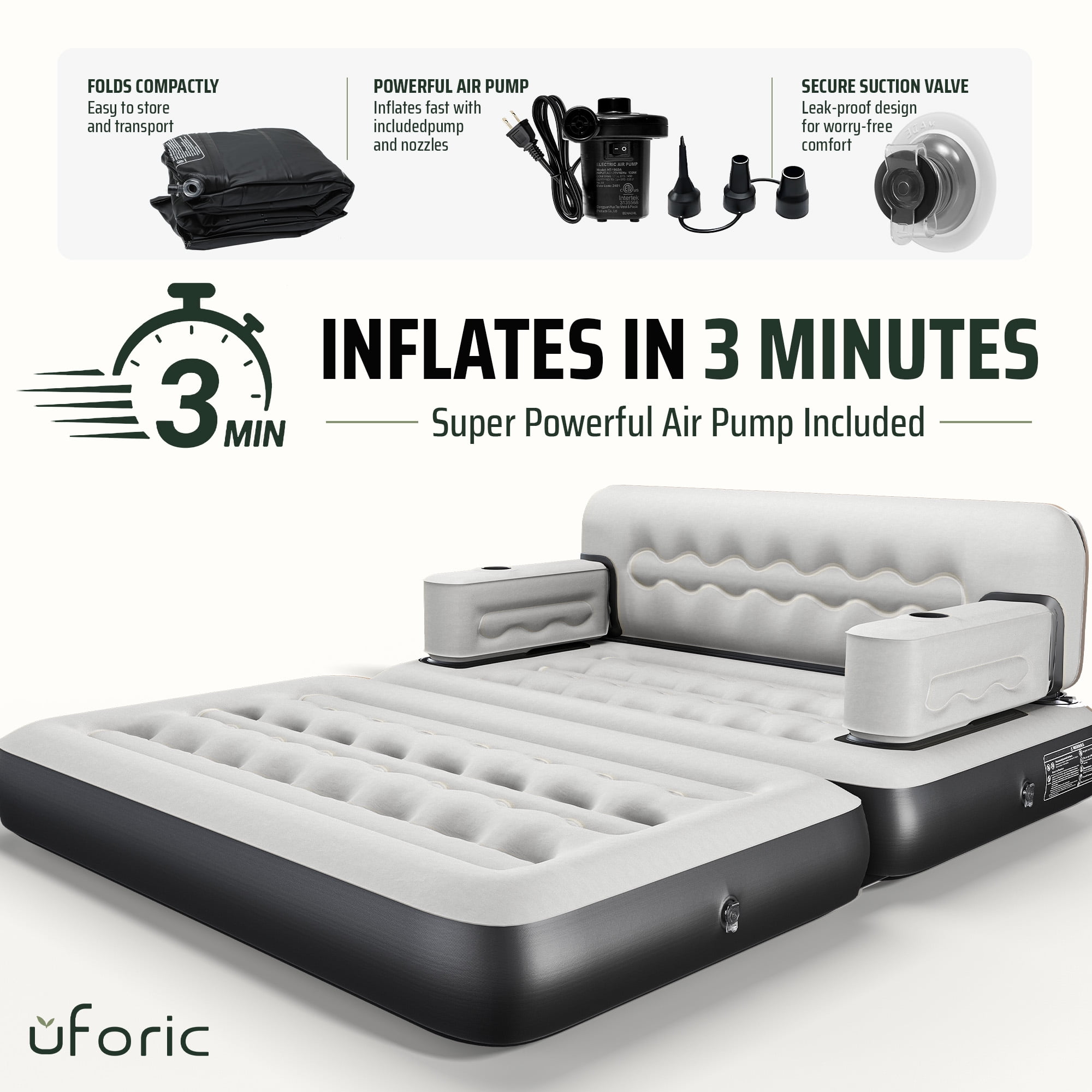 Uforic Queen Size 2-in-1 Convertible Air Sofa Bed with Wave Headboard, Pump, Cup Holders & Storage Pocket for Guest Camping, Gray