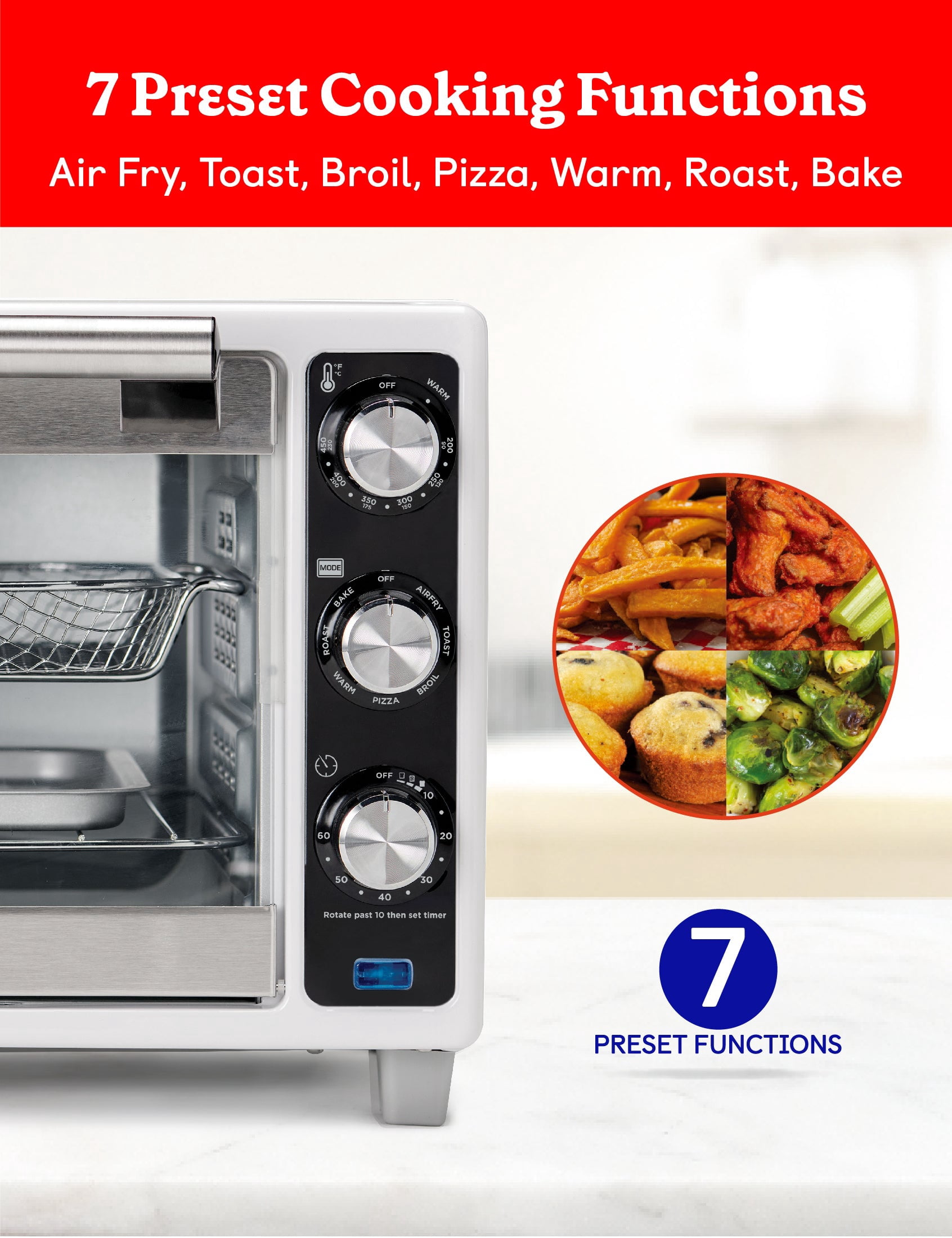 Betty Crocker Air Fryer Convection Toaster Oven, 0.7 Cu. Ft. 22-Liter Capacity, 7 Function Convection Oven with Pizza, Bagel, Roast, Bake & Keep Warm Settings, 1500 Watts, BC-4637W, White