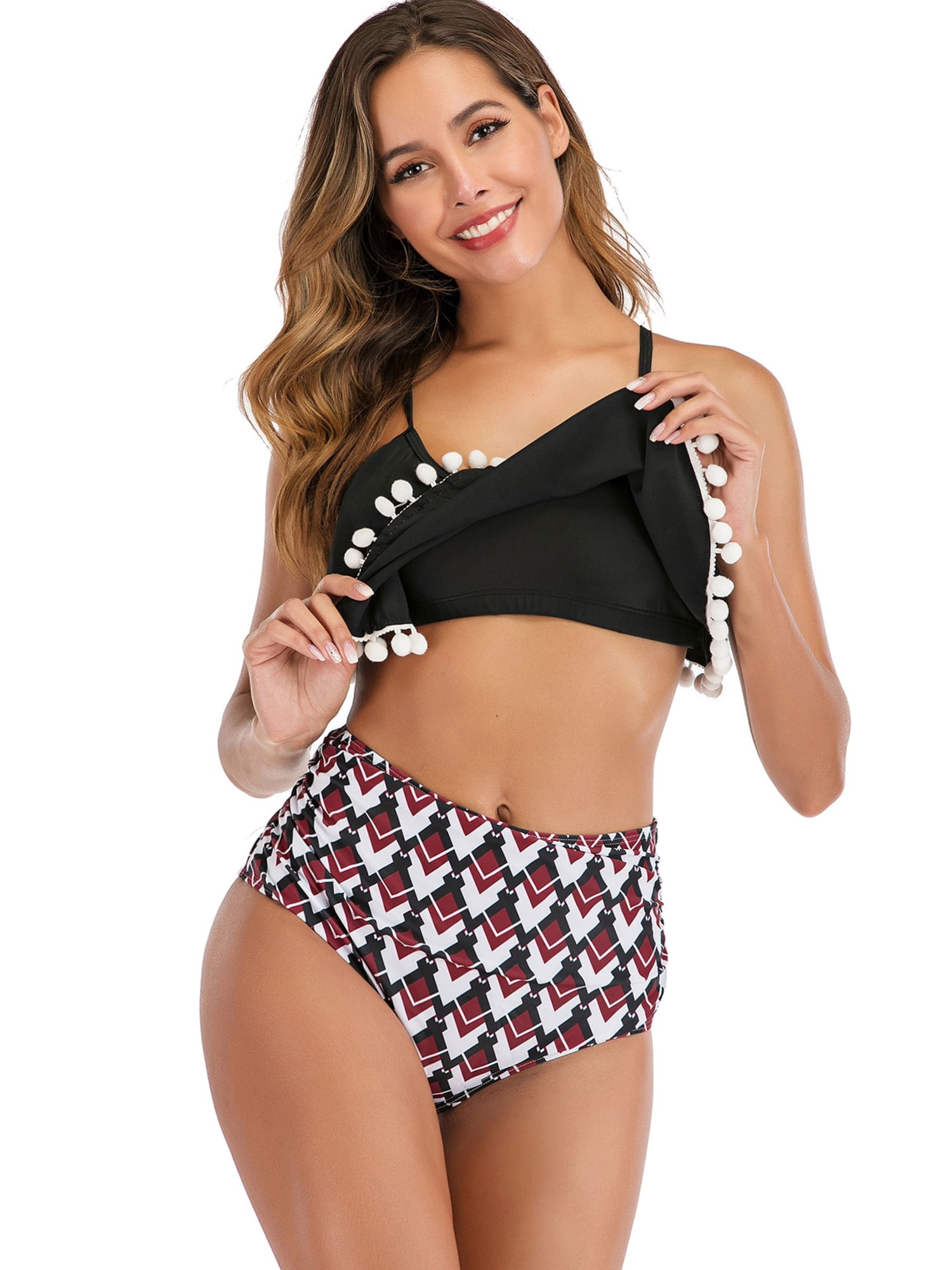 New Women's Two Piece Swimsuits Tiered Flounce Top High Waist Bikini