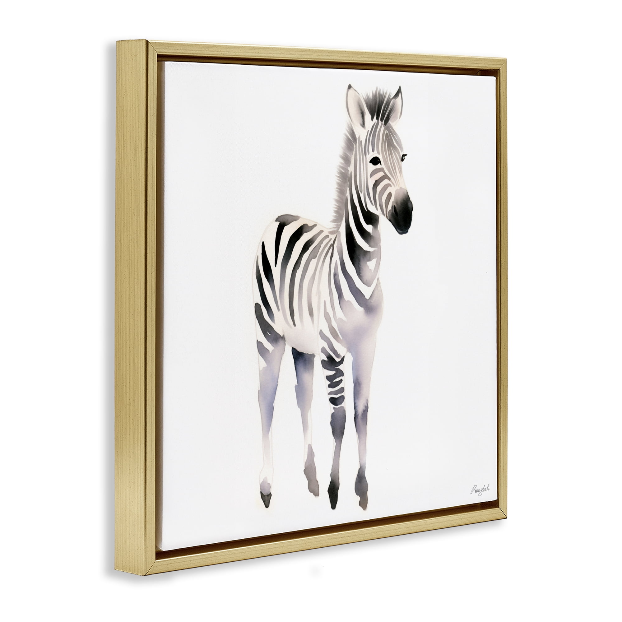 Stupell Industries Minimal Zebra Foal Gold Framed Floater Canvas Wall Art, design by Roozbeh