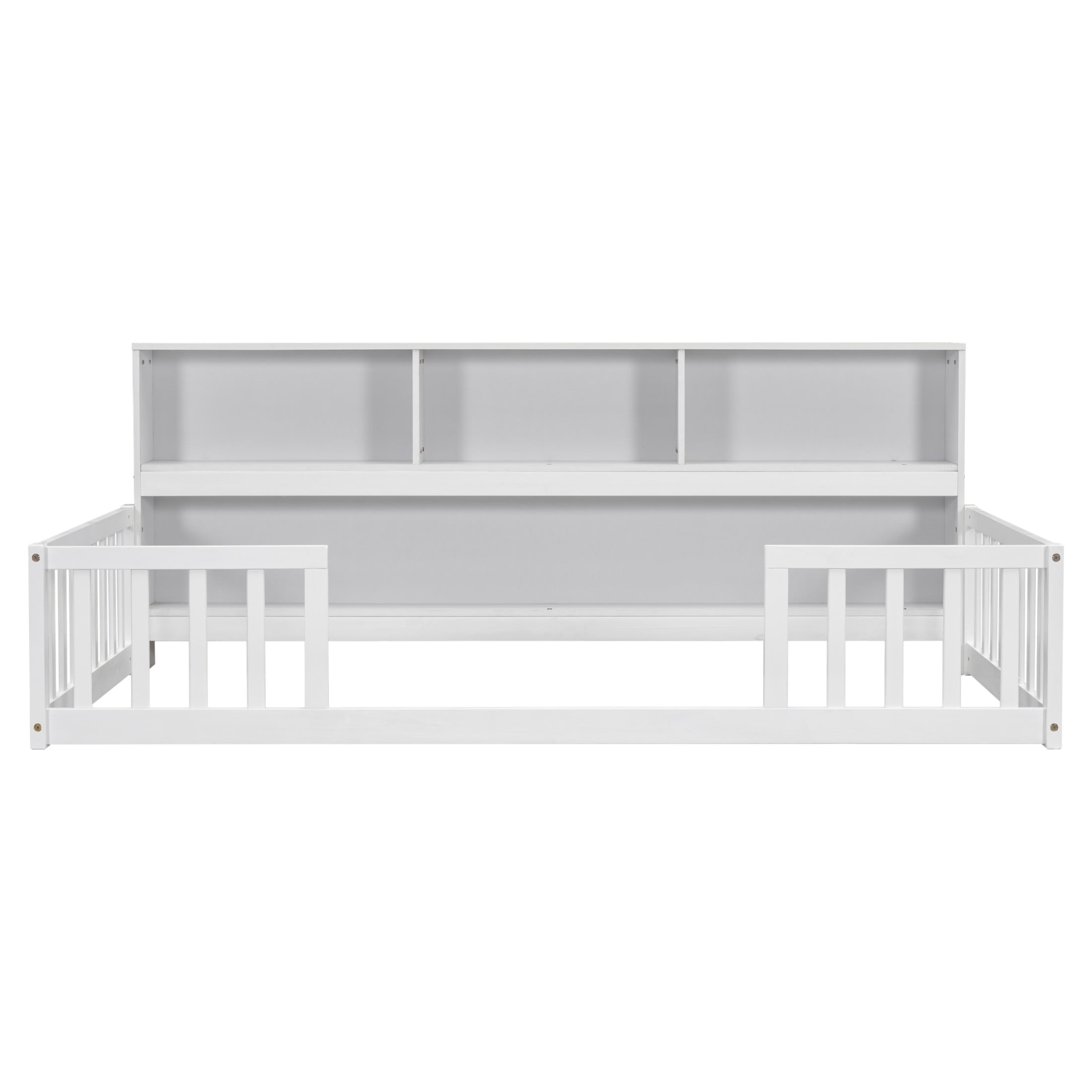 Noble House Lester Twin Size Floor Bed, Pine Wood Frame with Side Bookcase, Shelves, and Guardrails for Kids, White