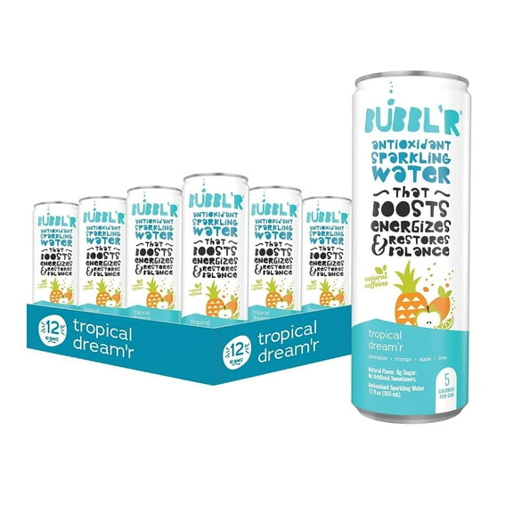 BUBBL'R tropical dream'r, Antioxidant Sparkling Water with Natural Caffeine, 0g Sugar, Gluten Free, All Natural Flavors, 12 Fl Oz Cans, 12 Count