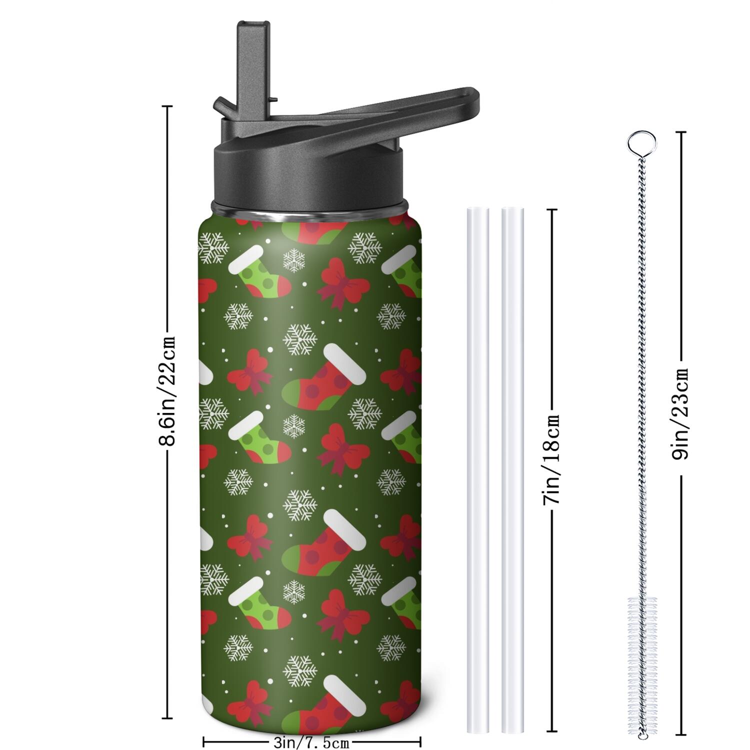 Christmas 18 oz Insulated Stainless Steel Water Bottle with Straw & Cleaning Brush , Leakproof, BPA-Free, 304 Stainless Steel, Wide Mouth, Travel Mug for Car, Gym, Office