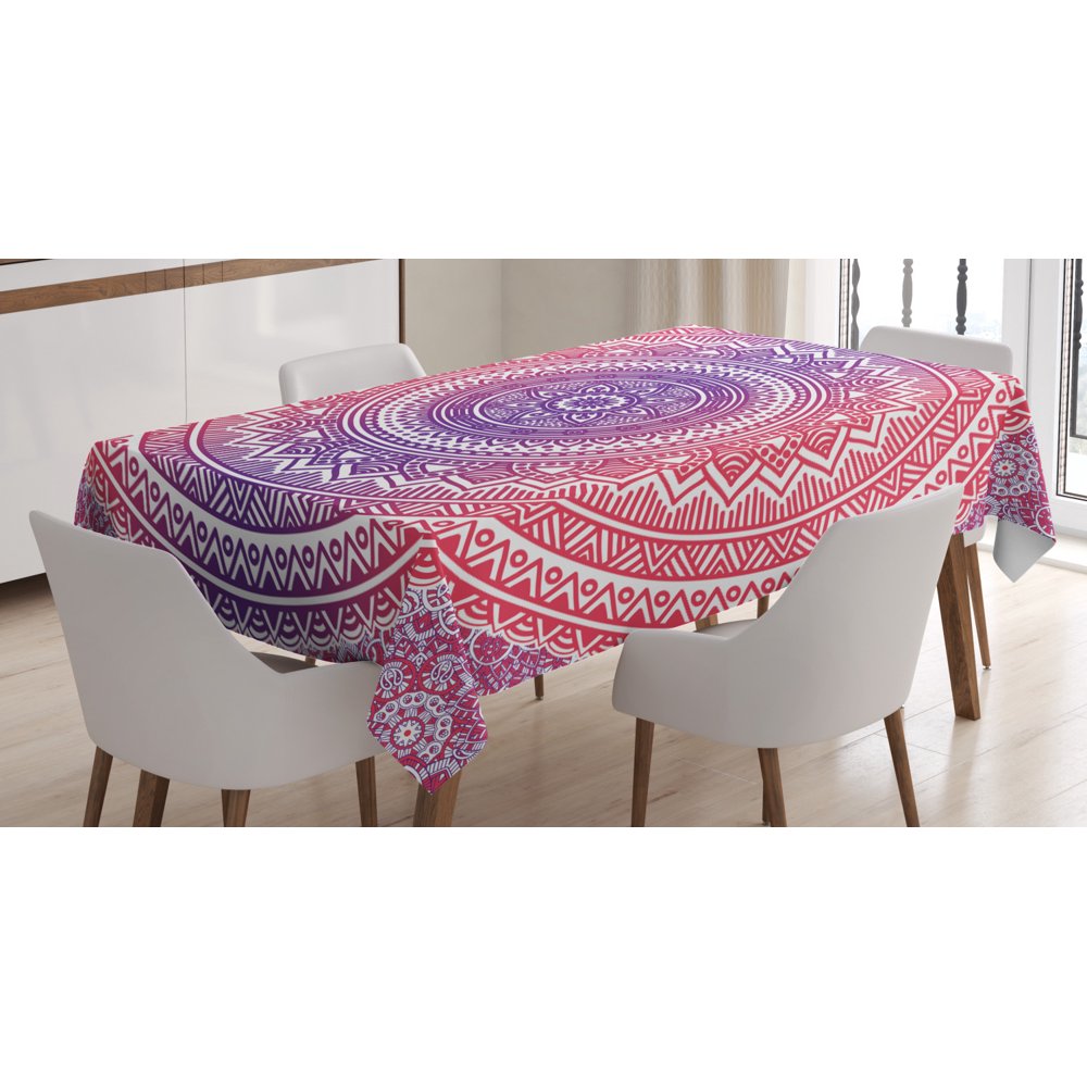 Pink and Purple Tablecloth, Vivid Ethnic Mandala Cosmos Oriental Original Transcendent Artistic