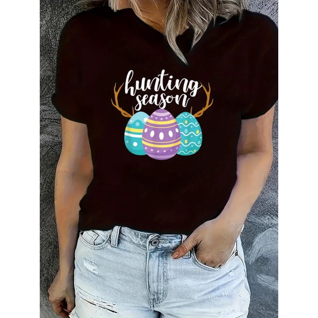 Women's Easter "Hunting Season" Graphic T-Shirt - Casual, Colorful Egg Design with Antler Accent, ShCamisetas de verano para mujer, manga corta, cuello redondo, casual, lindo, con gráficos, camisetas
