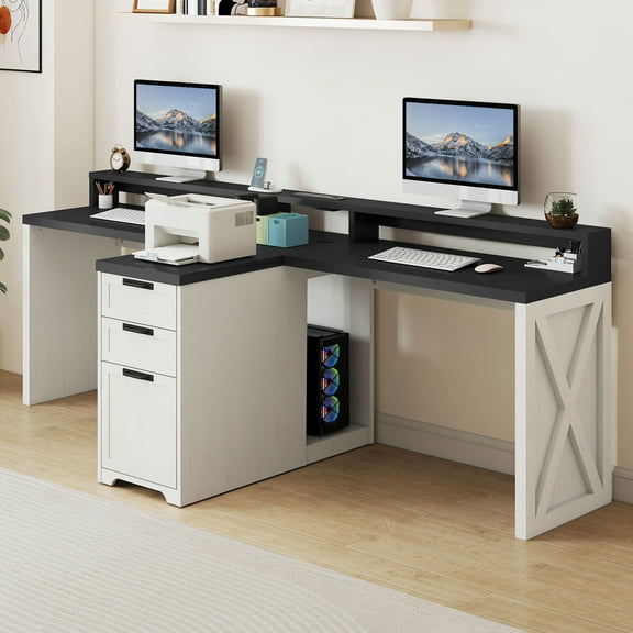 Homiflex Farmhouse 2 Person Desk with Drawers 78.74 Inch Long Double Desk for Two People Computer Desk with Power Outlets File Cabinet Large Office Table with Storage, White and Black