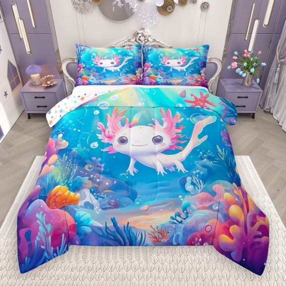 Castle Fairy Ocean Salamander 2Pcs Bedding Comforter Set for Boys Girls,Sea Aniaml Axolotl Twin Comforter Sets,Marine Wildlife Breathable Bedding Set,Super Cozy Room Decor