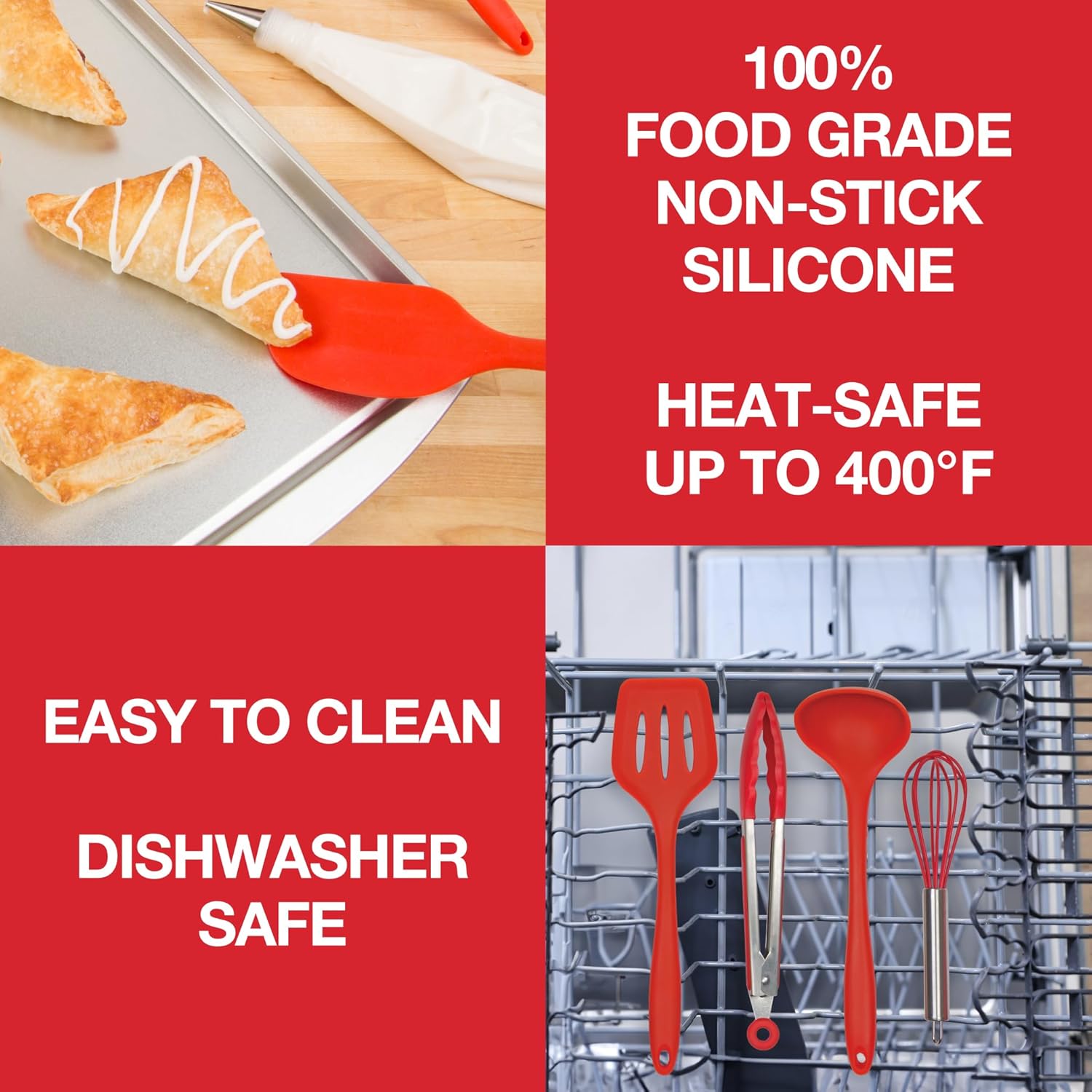 Good Cooking Silicone Kitchen Cooking Utensils w Bamboo Holder- 10 Pc Gourmet Non-Stick, Heat Resistant, Premium Kitchen Tools Set- Spatula, Spoon, Slotted Spoon, Tongs, Basting Brush, Whisk, Ladle