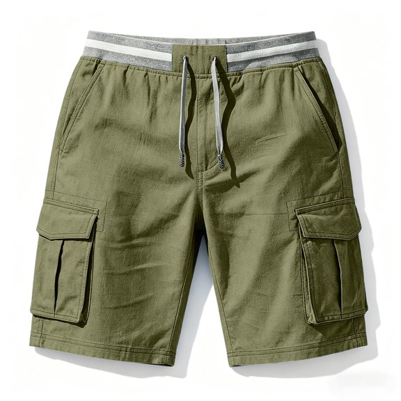 Ohufall Mens Cargo Shorts Solid Color Pockets Breathable Casual Shorts Holiday Outdoor Elastic Waist Drawstring Shorts