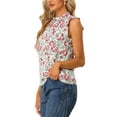 thumbnail image 4 of INSPIRE CHIC Women's Floral Keyhole Ruched Sleeveless Stand Collar Ruffle Top White M, 4 of 6