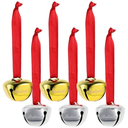 OUNONA Set of 6 Christmas Believe Bell Pendants, Holiday Hanging Bells for Christmas Tree Decoration and Festive Home Decor