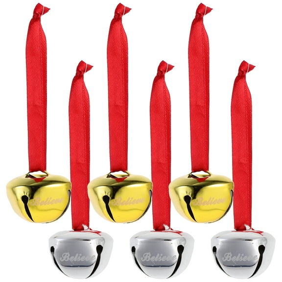 OUNONA Set of 6 Christmas Believe Bell Pendants, Holiday Hanging Bells for Christmas Tree Decoration and Festive Home Decor