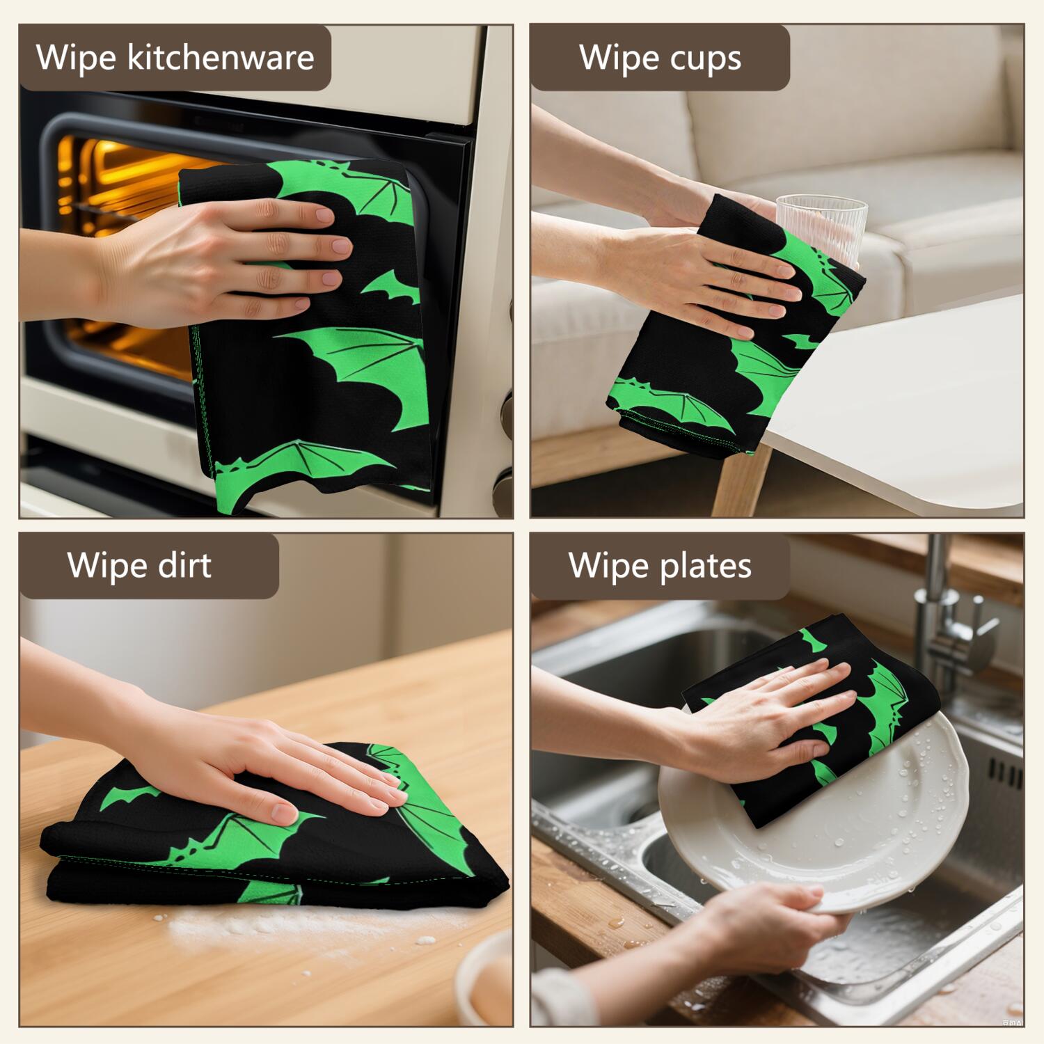 2 Pcs Funny Kitchen Towels,Black Halloween Bats with Green Microfiber Dish Towels,Kitchen Tea Towels,Kitchen Towel Set (18" X 26")