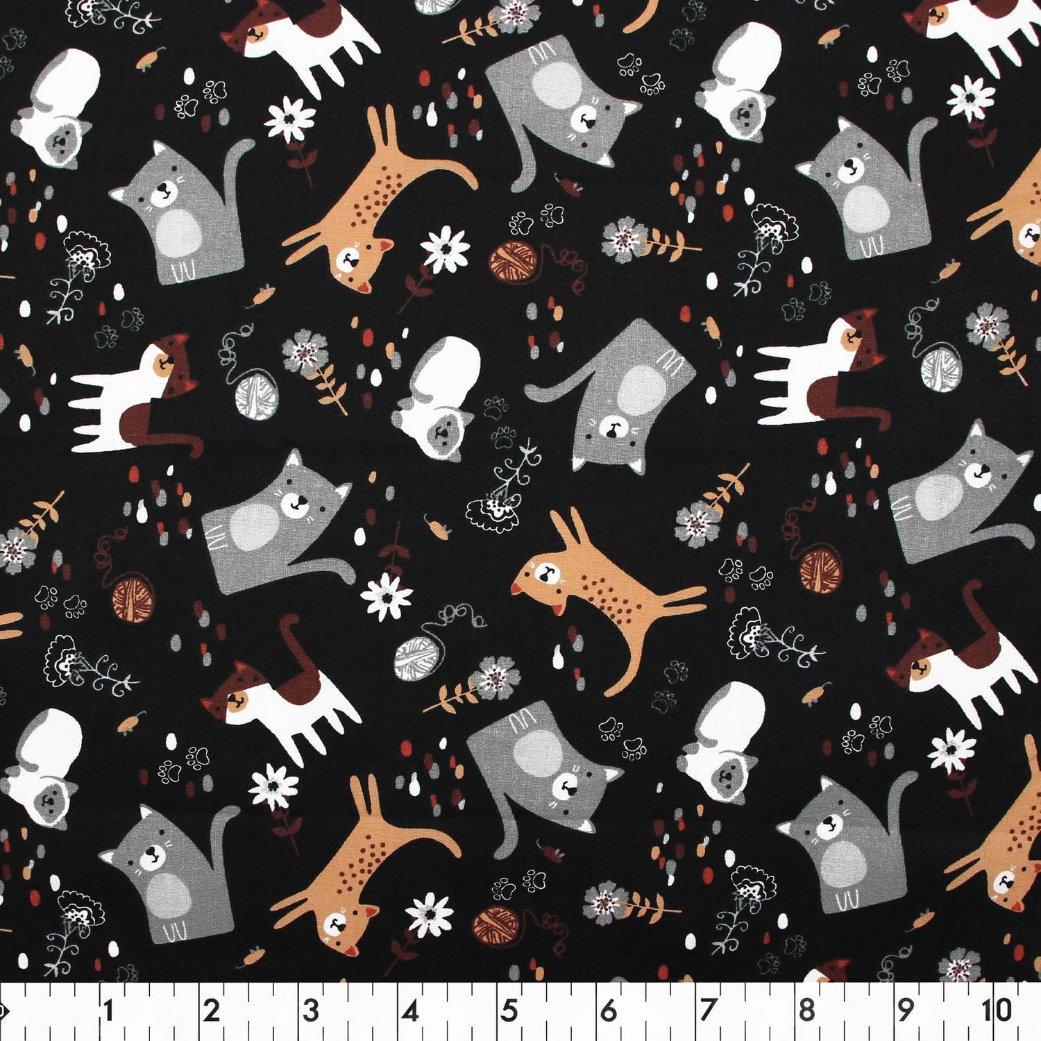 Tissu pré-coupé Fat Quarter de Fabric Creations noir avec des chats et des fleurs - 18" x 21" / 45cm x 53cm 18" x 21" / 45cm x 53cm