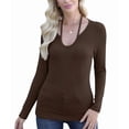 thumbnail image 3 of Womens Fall Clothes Long Sleeve Shirts Halter U Neck Ribbed Knit Slim Fitted Basic Casual Tops Brown L, 3 of 9