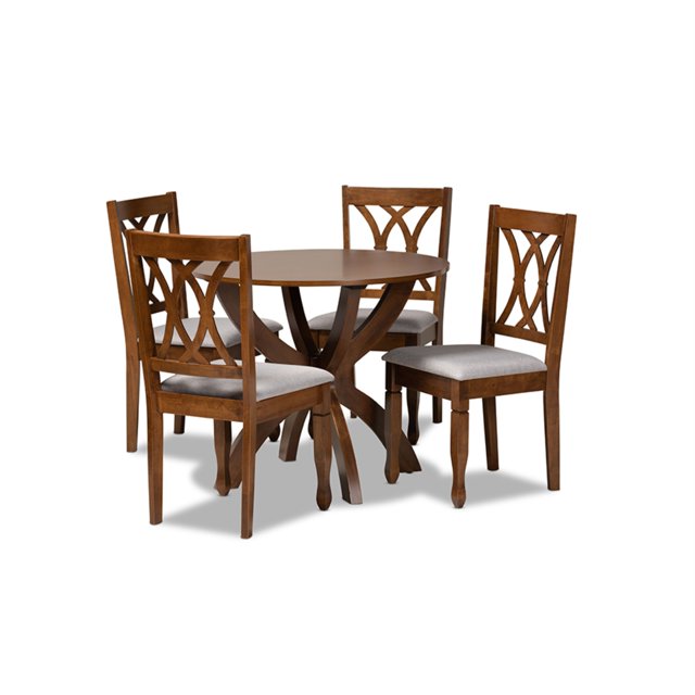 Juego de comedor Baxton Studio April 5 piezas tapizado en tela gris y madera acabado marrón nogal