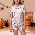thumbnail image 2 of Futezty Toddler Halloween Pajamas Kids Pumpkin Ghost Print Satin Pajama Set Short Sleeve Button Down Sleepwear with Shorts Set Little Girl Clothes 3T-13T, 2 of 5