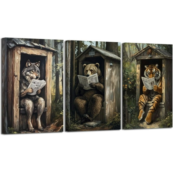 Hieng Bathroom Wall Art 3 Pieces Bear Moose Wolf in Outhouse Toilet Reading Pictures Forest Wildlife Canvas Prints Farmhouse Painting for Cabin Decor Unframed