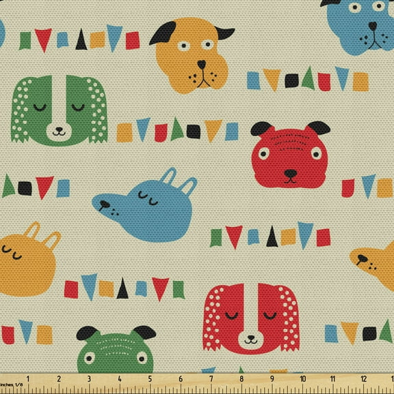 Scandinavian Upholstery Fabric by the Yard, Dog Portraits with Geometric Shapes Colorful Cartoon Characters Animal Pattern, Decorative Fabric for DIY Home Accents, 10 Yards, Multicolor by Ambesonne