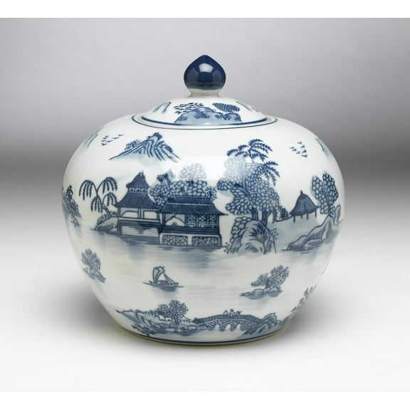 Zeckos AA Importing 59753 Blue And White Round Jar With Lid