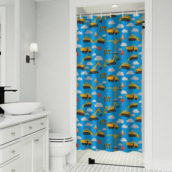 Cartoon Construction Vehicles Barriers Blue Pattern Shower Curtain 36"x72" ,Bathroom Decorative Shower Curtains Set with 12 Hooks,Modern Waterproof Washable Shower Curtain