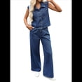 thumbnail image 3 of Mono Vaquero Sin Mangas para Mujer, Camiseta Sin Mangas con Botones, Pantalones Vaqueros Acampanados de Pierna y Pantalones Vaqueros de Campana. Azul L, 3 of 9