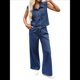 thumbnail image 3 of Mono Vaquero Sin Mangas para Mujer, Camiseta Sin Mangas con Botones, Pantalones Vaqueros Acampanados de Pierna y Pantalones Vaqueros de Campana. Azul M, 3 of 9