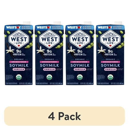 (4 pack) West Life Organic Unsweetened Vanilla Soymilk, Shelf-Stable, 32 fl oz