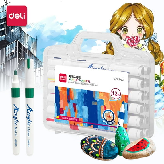 Deli Paint Markers Quick Drying Acrylic Marker Pens Paint Pens for Wood Rock Canvas (12 Colors)