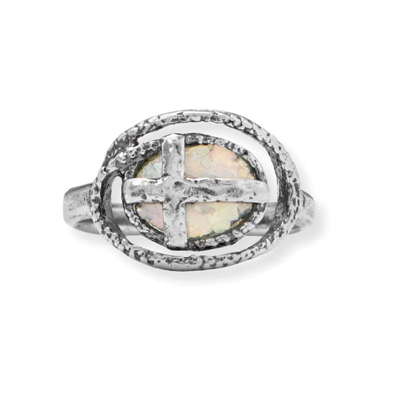 Ancient Roman Glass Ring with Cross Design Sterling Silver - 6