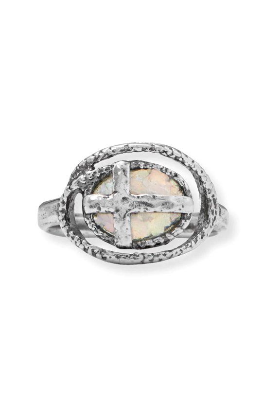 Ancient Roman Glass Ring with Cross Design Sterling Silver - 6